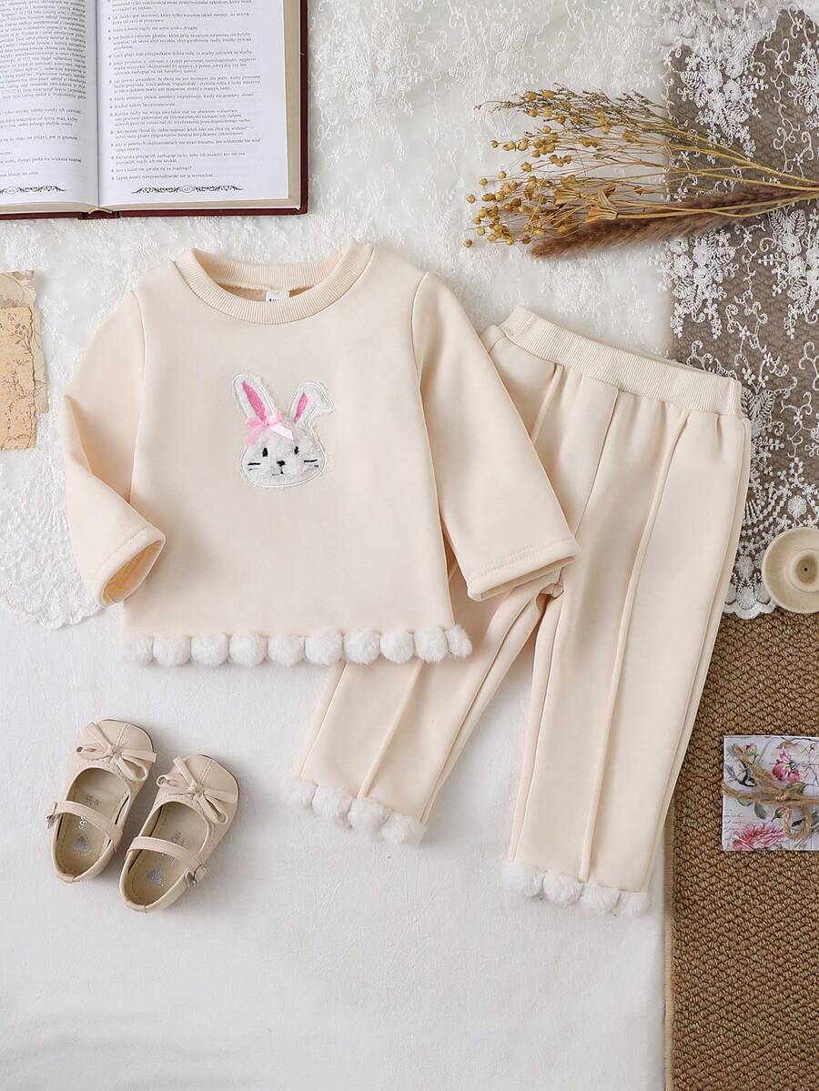 SHEIN Baby Girls' Casual Cute Rabbit Embroidery Fuzzy Hem Round Neck Long Sleeve Knit Top And Flare Leg Pants Set, Autumn/Winter - Beige - View 1