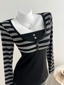 Comfortcana Women's Casual Punk Style Striped T-Shirt - Dark Grey - View 4