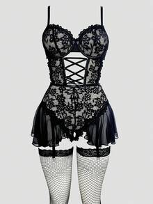 SHEIN 3pcs Set: Lace Patchwork Ruffle Hem Slit Bodystocking With Garter Belt + 2pcs Fishnet Stockings, Party Outfit - Black - View 4