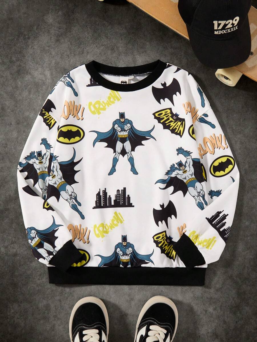 BATMAN X SHEIN Tween Boy & Cool Casual Cartoon All-Over Print Loose Fit Crew Neck Long Sleeve Knit Sweatshirt, White - White - View 1