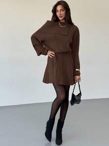 Aloruh 秋季女装酒红色毛呢连衣裙收腰褶皱A字修身针织连衣裙长袖单肩斜肩毛衣裙冬季女装 - 棕色 - 查看 5