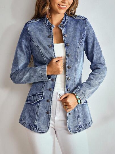 EMERY ROSE 女式长袖单排扣休闲百搭牛仔夹克 女式牛仔夹克 蓝色牛仔夹克 酸洗牛仔夹克 女式牛仔西装外套 牛仔纽扣羽绒夹克