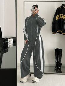 StreetHx Women's Sporty Color Block Zipper Front Wide Leg Loose Jumpsuit - Grey - View 3