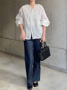 FRIFUL Women's White Loose Lace Collar Cotton Embroidered Blouse, Elegant For Spring/Summer