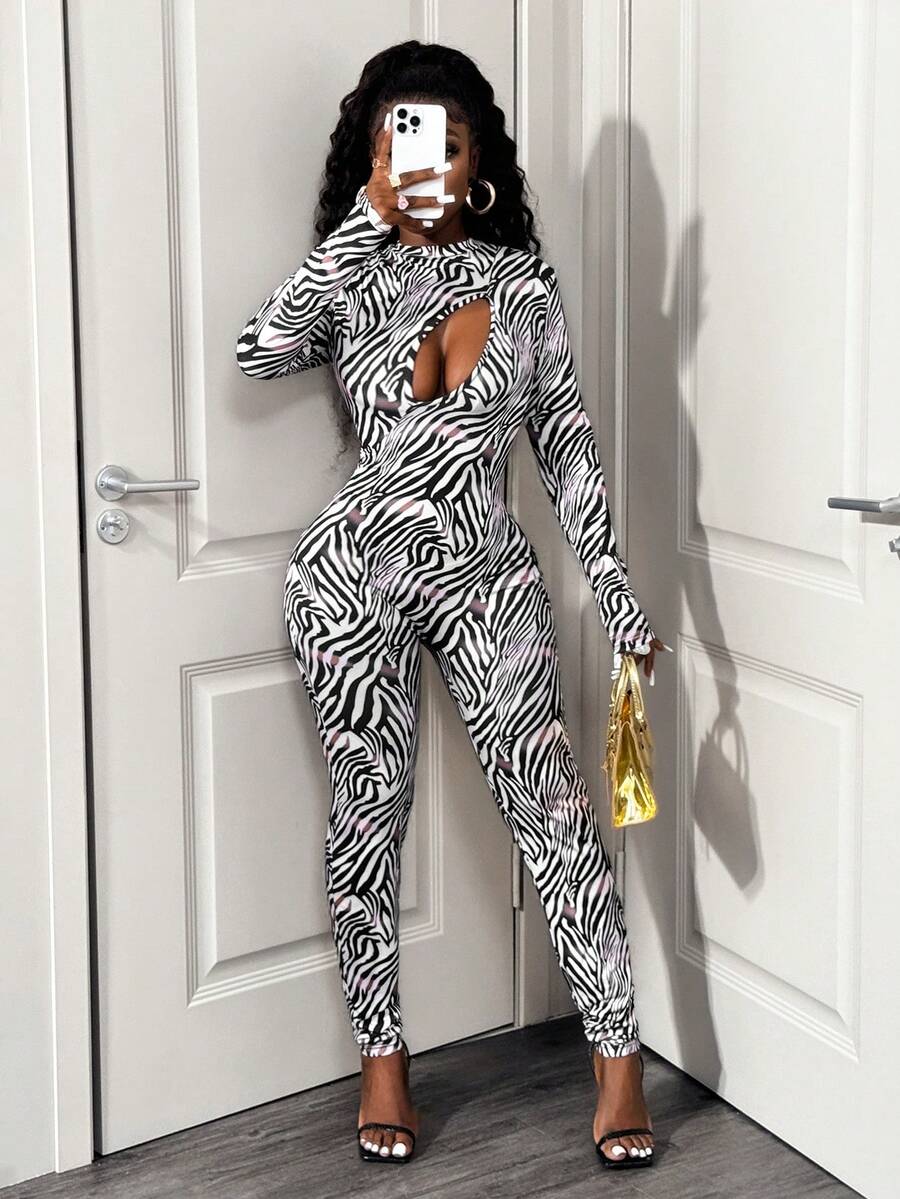 BamGleam Women's Fashion Sexy Zebra Print Hollow Out Bodycon Jumpsuit - Multicolor - View 1