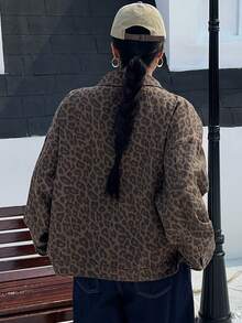 Dazy Plus Plus Size Women Vintage Zipper Front Lapel Leopard Print Denim Jacket, Streetwear Style, Spring/Autumn - Khaki - View 2
