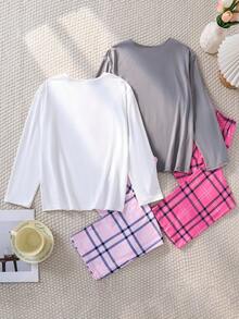 SHEIN 4 件套女童字母印花长袖上衣 + 格子裤休闲家居服套装 - 彩色 - 查看 2