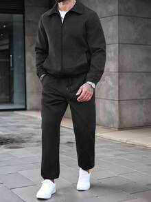 Manfinity CasualCool 男士流行休闲西装，INS搭配成熟基础休闲商务拉链夹克和抽绳慢跑裤，适合所有季节，适合工作和日常搭配，送给男朋友/老公的必备礼物，休闲装 - 黑色 - 查看 4