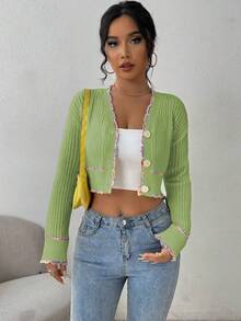 SHEIN Unity Women's Elegant Contrast Trim Cropped Cardigan - Green - View 4