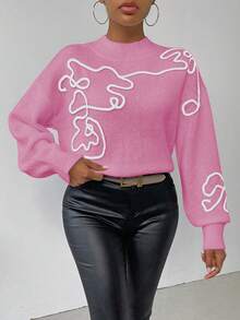 SHEIN LUNE 女式撞色图案高领长袖毛衣 - 淺粉色 - 查看 4