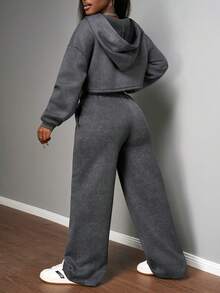 Slaydiva 2025秋冬新年,情人节,派对,宴会,约会,生日派对,学院风,学生装,日常出游,基础百搭,休闲,邮轮旅行,网络爆红,优雅,通勤,商务休闲,休闲街头,连帽长袖短款拉链卫衣外套搭配宽松裤,真口袋,斑点灰色,宽松,运动,女士秋冬两件套 - 深灰色 - 查看 8