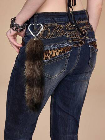 Grunge Punk 1 pezzo Elegante e alla moda portachiavi con coda di volpe in pelliccia finta marrone a righe, accessorio ciondolo fai-da-te per borse, adatto per le donne, regalo di moda