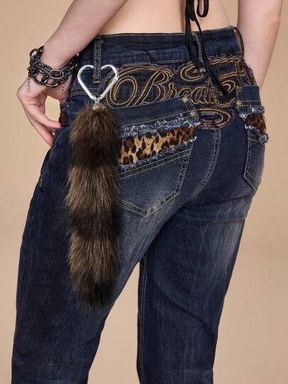 Grunge Punk 1 pezzo Elegante e alla moda portachiavi con coda di volpe in pelliccia finta marrone a righe, accessorio ciondolo fai-da-te per borse, adatto per le donne, regalo di moda