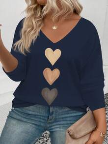 EMERY ROSE Women's V-Neck Gradient Heart Print Casual Long Sleeve T-Shirt, Versatile, Autumn/Winter New Arrival - Navy Blue - View 6