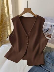 CosyJoli Plus Size Elegant Metal Buckle Knit Sleeveless Sweater Vest, Comfortable & Casual In Fall/Winter