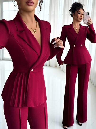 SHEIN Elenzya Fashionable Urban New Women's Crisp Suit Collar Long Sleeve Cinched Waist Flared Hem Double-Breasted Pleated Waist Formal Workwear Suitable For Business Meetings, Weddings, Galas, Commuting, Graduations, Holidays, Dates, Parties, 2 Pieces Set