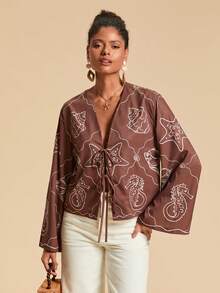 Travachic Camisa de manga larga con estampado bohemio y lazo, de moda casual para mujer