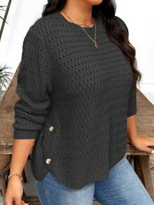 Plus Size Women Casual Daily Commute Simple Solid Color Button Decor Pointelle Knit Pullover Sweater, Autumn/Winter - Dark Grey - View 1