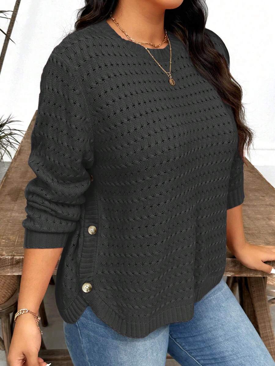 Plus Size Women Casual Daily Commute Simple Solid Color Button Decor Pointelle Knit Pullover Sweater, Autumn/Winter - Dark Grey - View 1