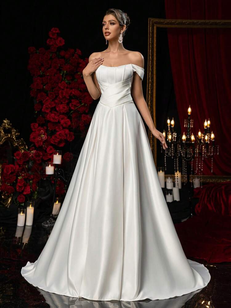 Glamrae Elegante y lujoso vestido de novia de satén blanco con hombros descubiertos, cuello barco y plisado de sirena para mujeres - Blanco - Añade 4