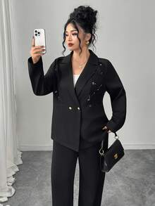 Graceveil Plus Size Solid Color Long Sleeve Women Embroidered Patchwork Blazer - Black - View 1