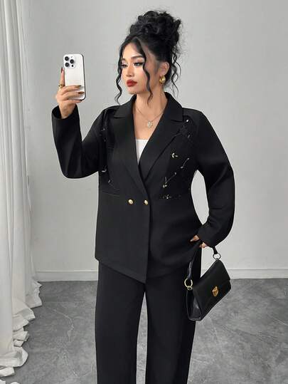 Graceveil Plus Size Solid Color Long Sleeve Women Embroidered Patchwork Blazer