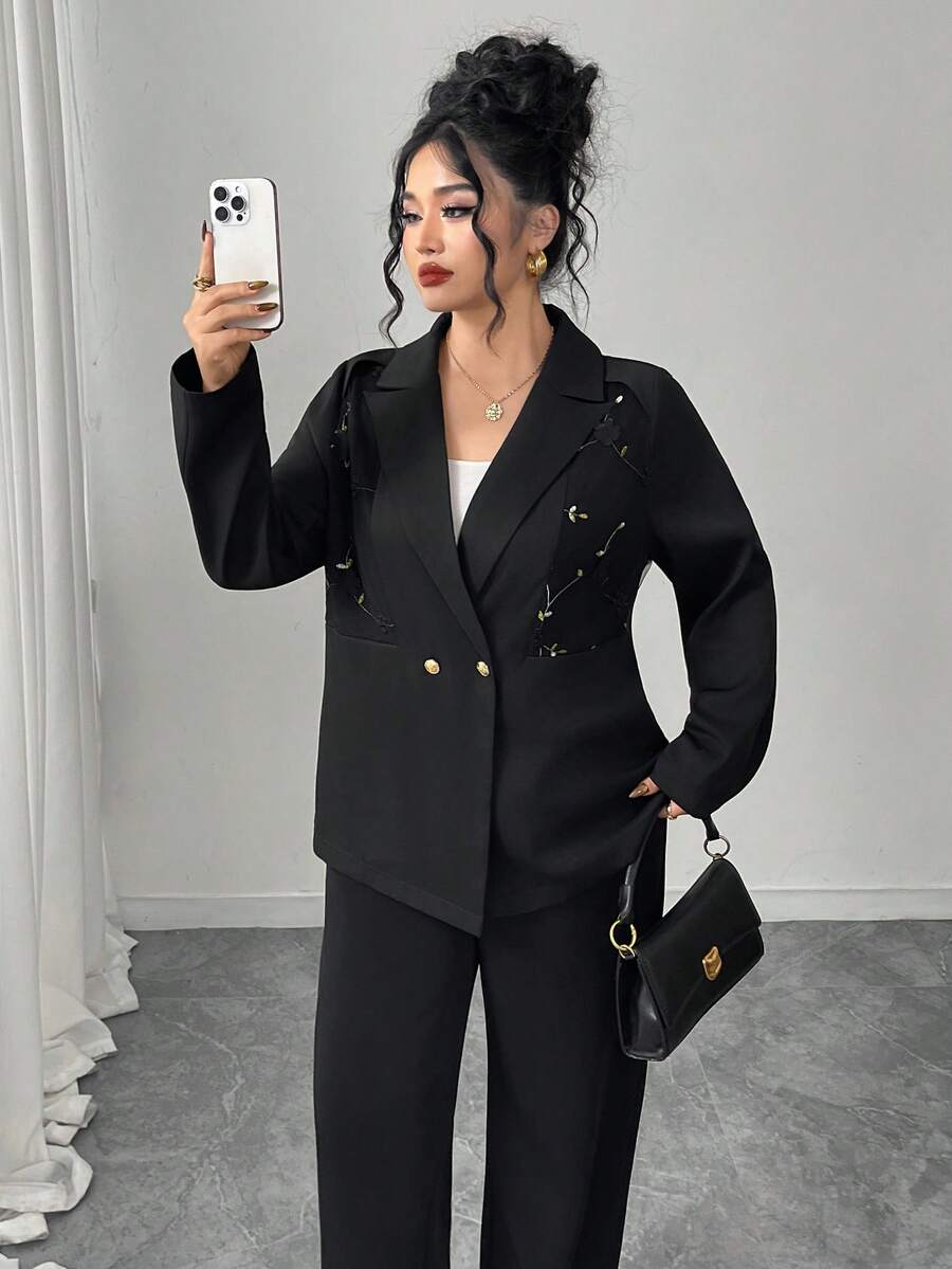 Graceveil Plus Size Solid Color Long Sleeve Women Embroidered Patchwork Blazer - Black - View 1