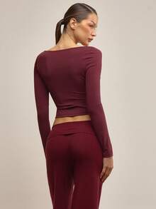 MUSERA Slinky Square Neck Fitted Long Sleeve Top Elegant Autumn Fall Winter Night Out Work Cute Gallerie Spring Summer - Burgundy - View 4