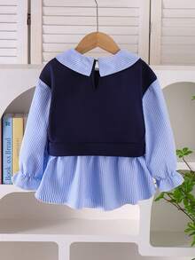 Young Girls Navy Blue Knit Patchwork Blue & White Striped Long Sleeve Sweatshirt, Fashion Letter Print Design, Versatile Children Autumn/Early Fall Pullover - Blue - View 2