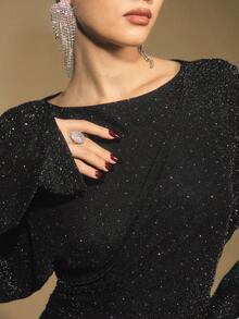 Poéselle Women's Elegant Rhinestone Batwing Sleeve Split Hem Fitted Dress, Spring/Autumn Luxury Dress For Women Black Sparkle Dress Elegant Midi Dress Long Sleeve Elegant Dress Black Glitter Dress - Black - View 3