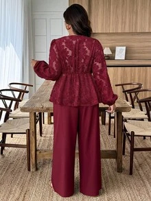 EMERY ROSE Quần ống đứng rộng rãi, chất liệu ren mỏng Jacquard, chắp vá, size lớn dành cho nữ, bộ đồ hai mảnh thường ngày, thu/đông - Màu Đỏ Sâu - Xem 2