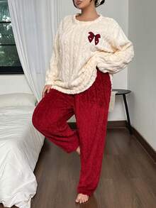 Jacquard Velvet Bow Embroidered Apricot Top And Red Pants, Casual Plus Size Cozy Pajama Set For Indoor And Outdoor Wear, Fluffy Winter Clothes