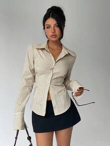 Aloruh Women's Casual Commuter Striped Cinched Waist Shirt - Yellow - View 10