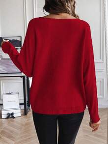 SHEIN LUNE Women's Casual Versatile Solid Color Batwing Sleeve Sweater - Red - View 2