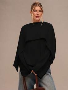 SHEIN BAE 女士秋冬时尚设计简约纯色斗篷二合一套头衫 - 黑色 - 查看 6