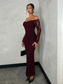 SHEIN BAE Váy đuôi cá trễ vai ren đen trơn dành cho nữ, phù hợp cho các buổi hẹn hò và tiệc tùng - Màu Tím - Xem 4