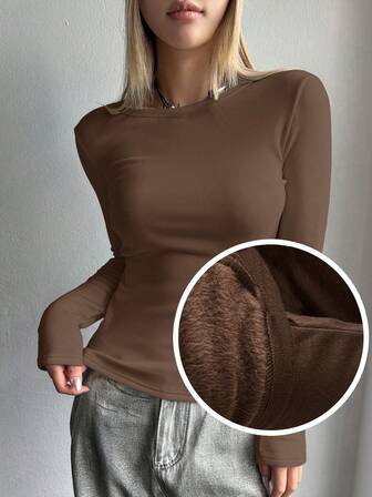 FRIFUL Women's Casual Solid Color Fleece T-Shirt, Versatile For Autumn/Winter Long Sleeve Women