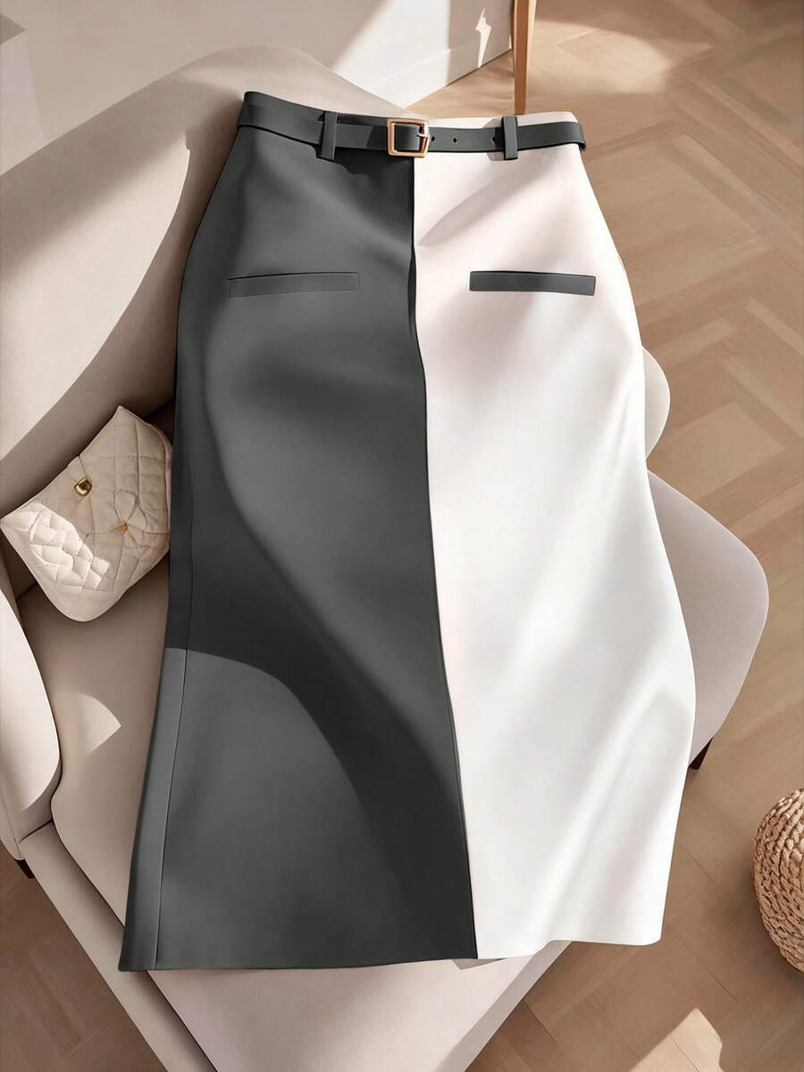 GlowEve CURVE 大码优雅色块设计经典商务通勤裙（Woe Is Me Vibes）（星期三美学） - 灰色 - 查看 1