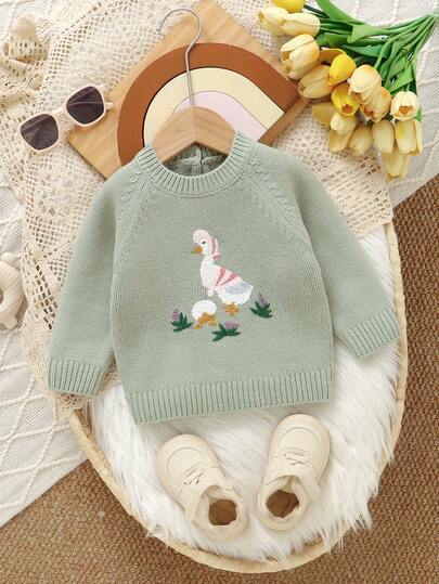 SHEIN Vintaside Kids 1ชิ้น เสื้อสเวตเตอร์ลำลองเด็กผู้หญิง ลายปักเป็ด เสื้อสวมหัวแขนยาว สามารถใส่เป็นชั้นๆ หรือใส่เดี่ยวๆ ได้ เสื้อถักเด็กทารก ฤดูใบไม้ร่วง ฤดูหนาว
