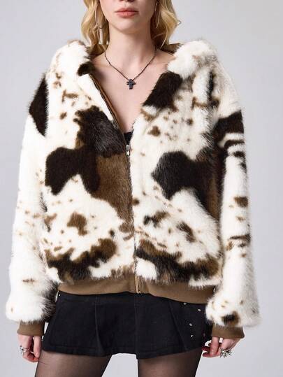 J-Fashion Women's Y2K Retro Subculture Contrast Color Splicing Faux Fur Patchwork Hoodie Regular Faux Fur Jacket