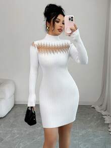 SHEIN Elenzya Damska sukienka midi z przezroczystej organzy na imprezę sylwestrową, biała, świąteczna, jesienno-zimowa, z golfem, prążkowana, elegancka, krótka sukienka sweterkowa