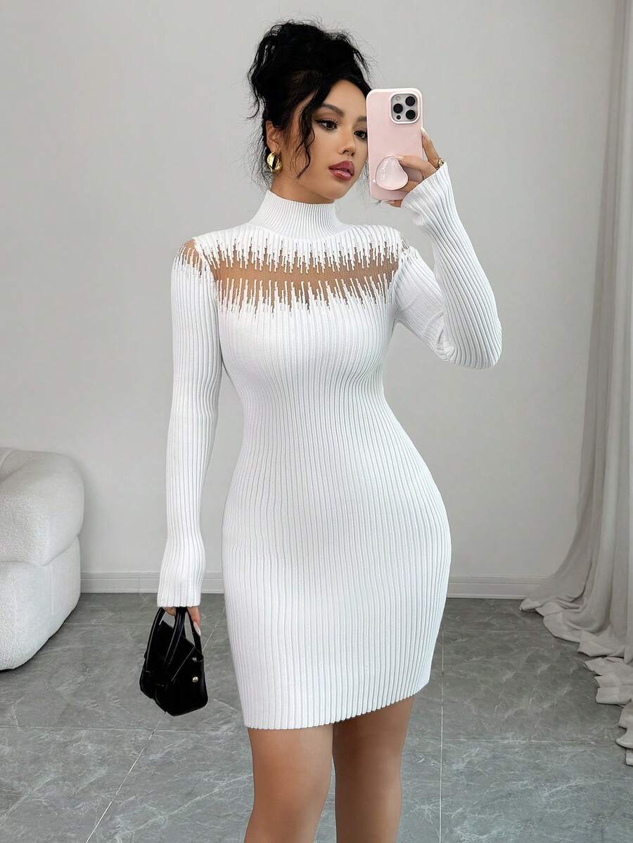 SHEIN Elenzya Damska sukienka midi z przezroczystej organzy na imprezę sylwestrową, biała, świąteczna, jesienno-zimowa, z golfem, prążkowana, elegancka, krótka sukienka sweterkowa
