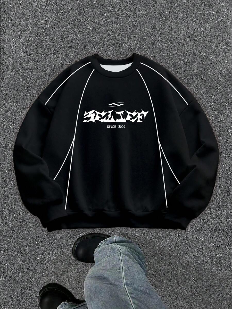 Manfinity ZONE917 Hanorac cu croială lejeră, cu imprimeu grafic și linii albe, căptușit cu fleece negru