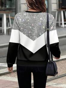 SHEIN LUNE 女式前拉链闪亮撞色圆领运动衫秋冬女装 - 白色 - 查看 2