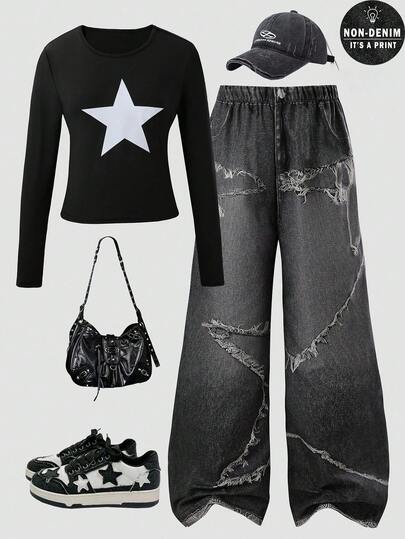 Sparklyn 少女休闲基本款街头酷女孩星星印花短款长袖T恤 + 牛仔布图案宽松裤两件套