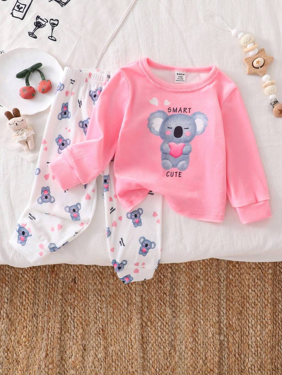 2pcs Baby Girls' Long Sleeve Top With Koala Print And Full Print Pants Comfortable Pajama Set, Autumn/Winter Flannel Sleepwear - Multicolor - View 1