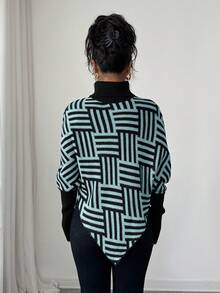 Selianne Women's Elegant High Neck Geometric Textured Poncho Sweater, Colorblock, Suitable For Home & Travel, Spring/Autumn - Baby Blue - View 2