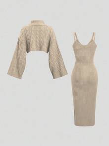 Sweetra 2 件套女式休闲针织毛衣上衣和长裙套装，宽松高领长袖短款上衣和裙子，秋冬