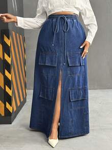 Slaydiva Spring Plus Size Women Cowgirl Style Blue Denim High Slit Skirt With Multiple Pockets, Spring - Dark Wash - View 6