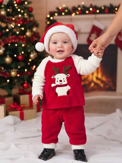 Playful Pals 2 pezzi Set di maglietta girocollo e pantaloni in pile con ricamo di renne natalizie per bambini maschi, con cappuccio e blocchi di colore, fodera termica, adatto per uscite autunnali/invernali e costumi per le vacanze